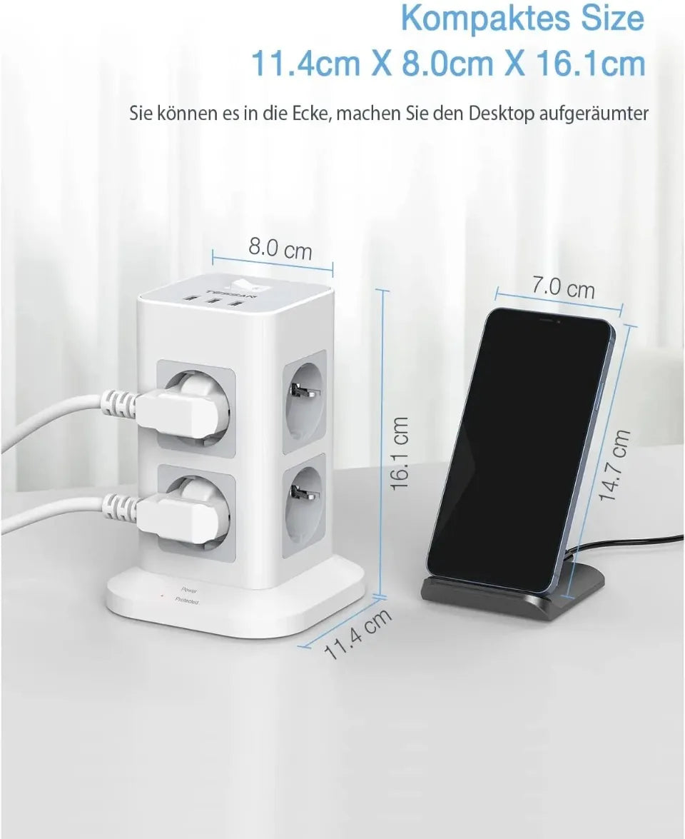 1-TESSAN Tower Power Strip Multi Outlets with USB A +1 Type C 2M Extension Cable EU Plug Vertical Electric Socket Surge Protection