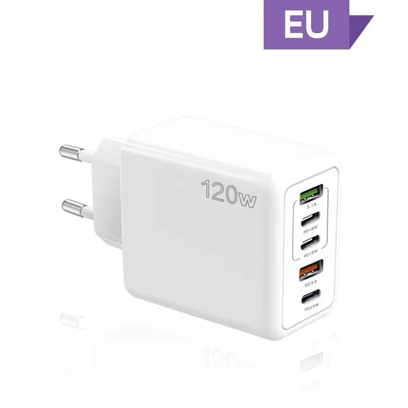 5 Ports USB Charger PD Fast Charging 120W Phone Charger Adapter For iPhone Samsung Xiaomi Huawei Multi Ports Type C Wall Charger