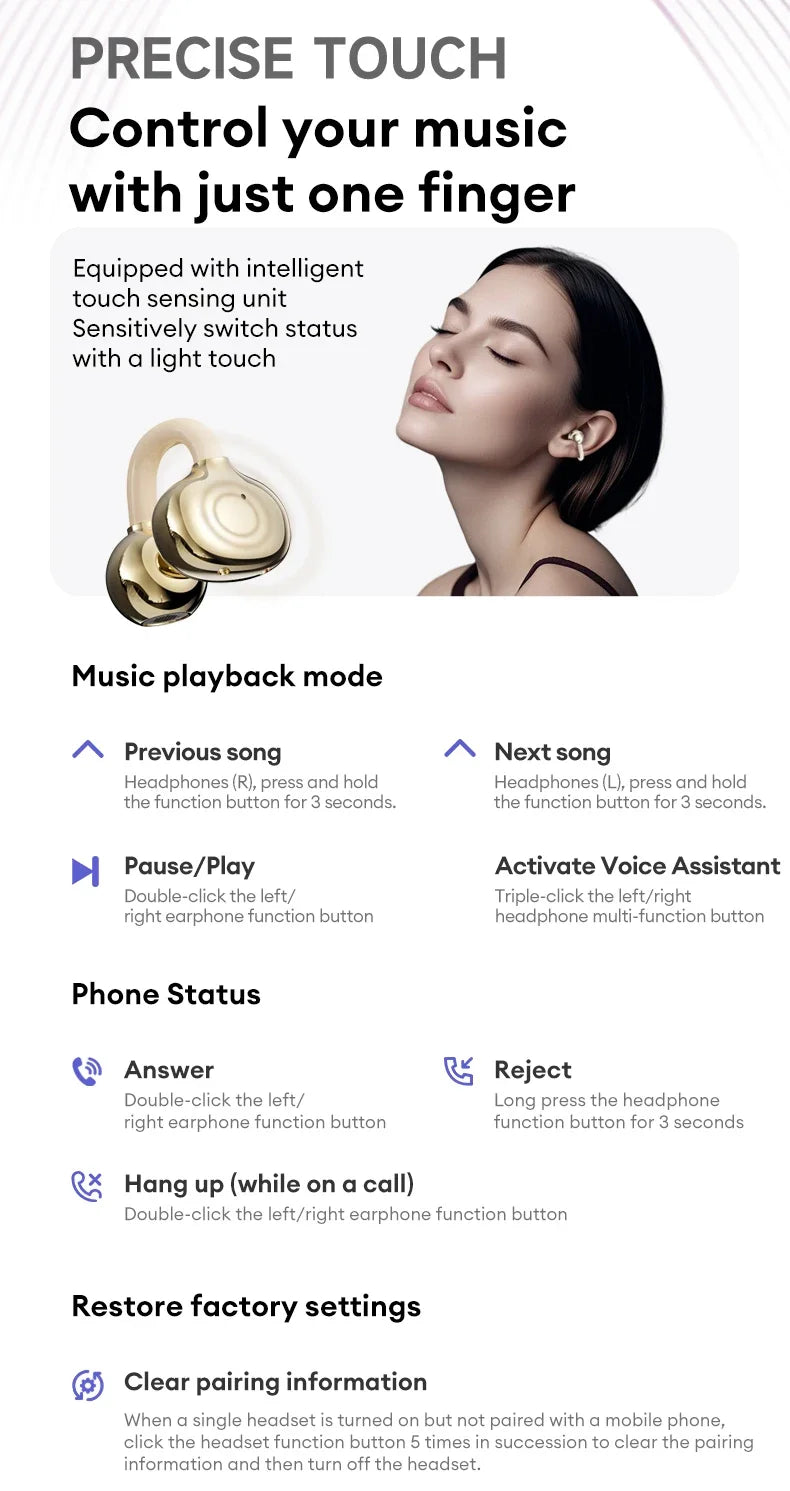 Original Lenovo LE302 Wireless Headphones Ear Clip Bluetooth 6.0 Earphones HIFI Stereo Music Call Game Noise Cancelling Earbuds