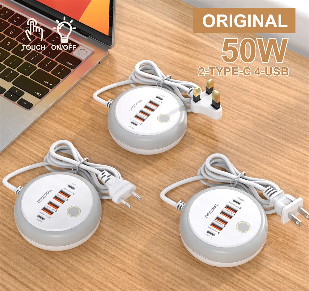 1-PD 50W Charger USB Type C 6 Ports QC3.0 Mobile Phone Wall Adapter With Touch LED Light For iPhone Samsung Xiaomi Travel Charger
