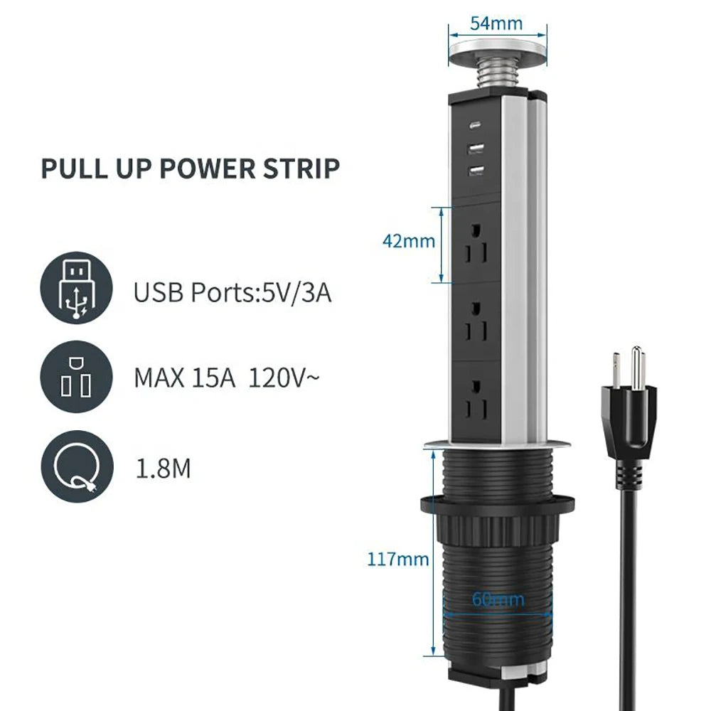 Melery Pop-Up Desk Power Strip: US Type-C, Hidden USB Charger, Tablet Sockets
