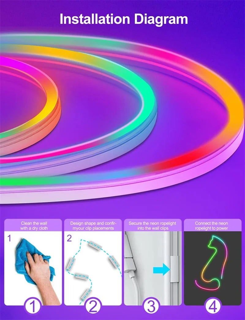 RGBIC Neon Strip Light Bluetooth Neon Led Strip Lights Smart 1M 2M 3M 5M Waterproof RGBIC Flex Ribbon Led Tape Music Sync