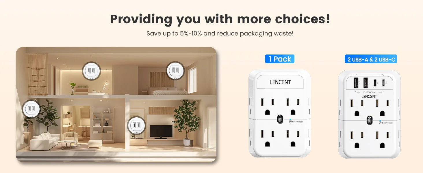  LENCENT wall sockets with a living room background and product images.