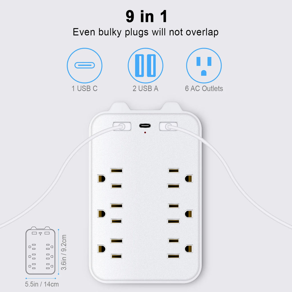 1-9‑in‑1 Wall Surge Protector – 6 AC Outlets + 2 USB-A & 1 USB-C | 2700J, Overload & Fire Protection