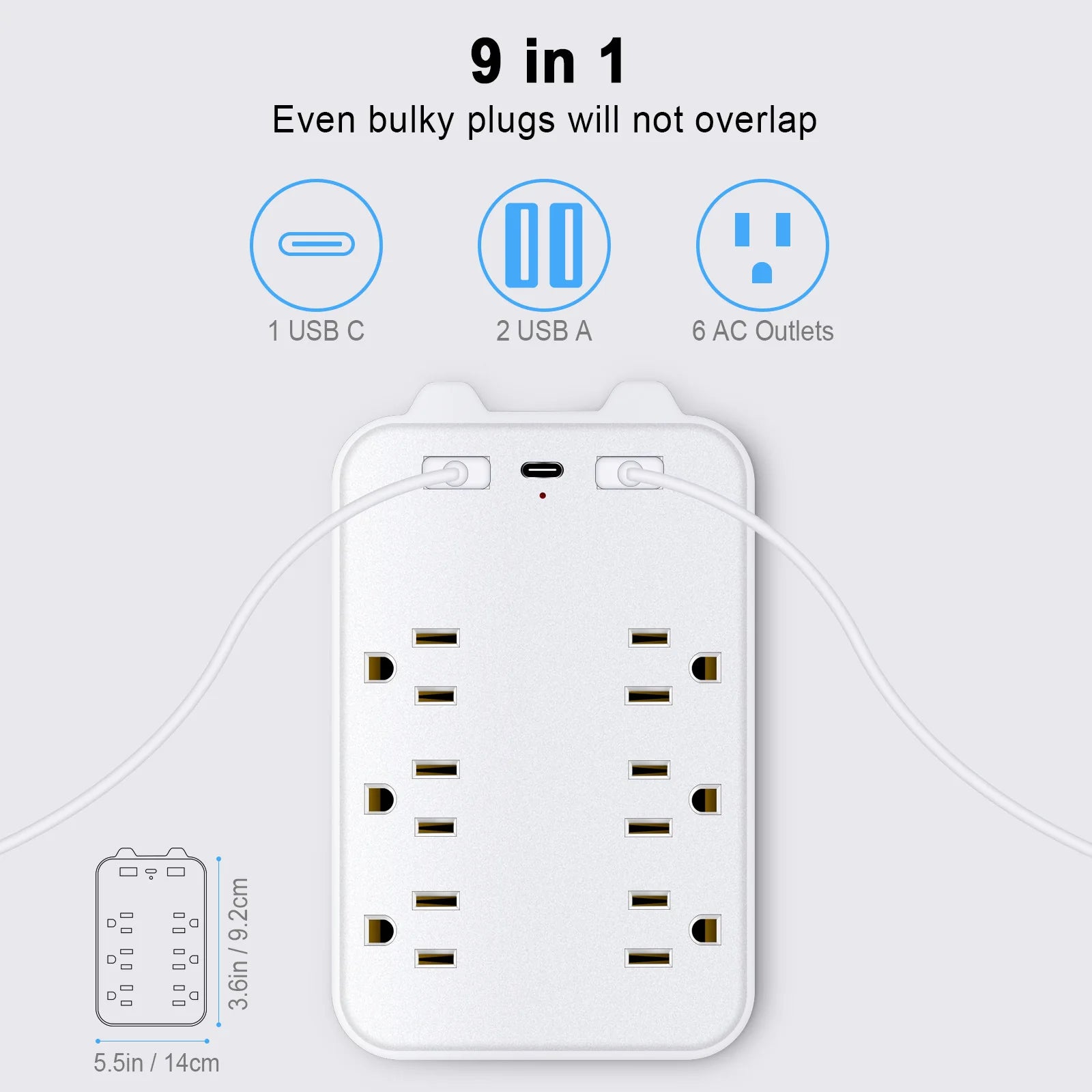 1-9‑in‑1 Wall Surge Protector – 6 AC Outlets + 2 USB-A & 1 USB-C | 2700J, Overload & Fire Protection