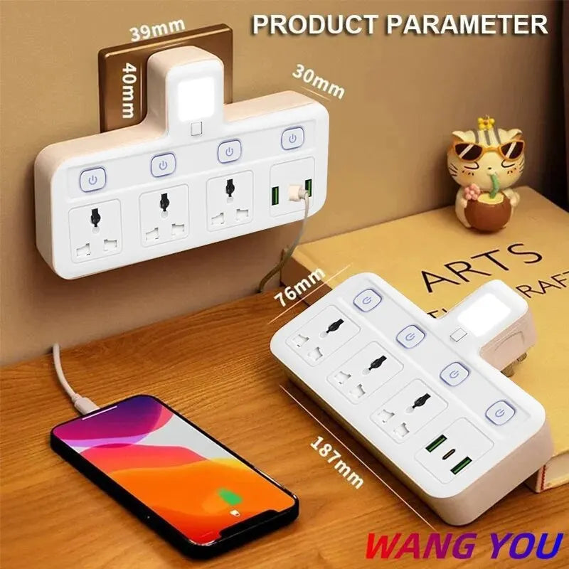 Wall-mounted power strip with multiple outlets and USB ports on a wooden surface, with 'Wang You' branding.