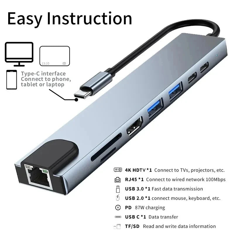 4-8 in 1 USB C Hub Type C to 4K HDTV Adapter with RJ45 SD/TF Card Reader Fast Charger for MacBook Notebook Windows Laptop Computer