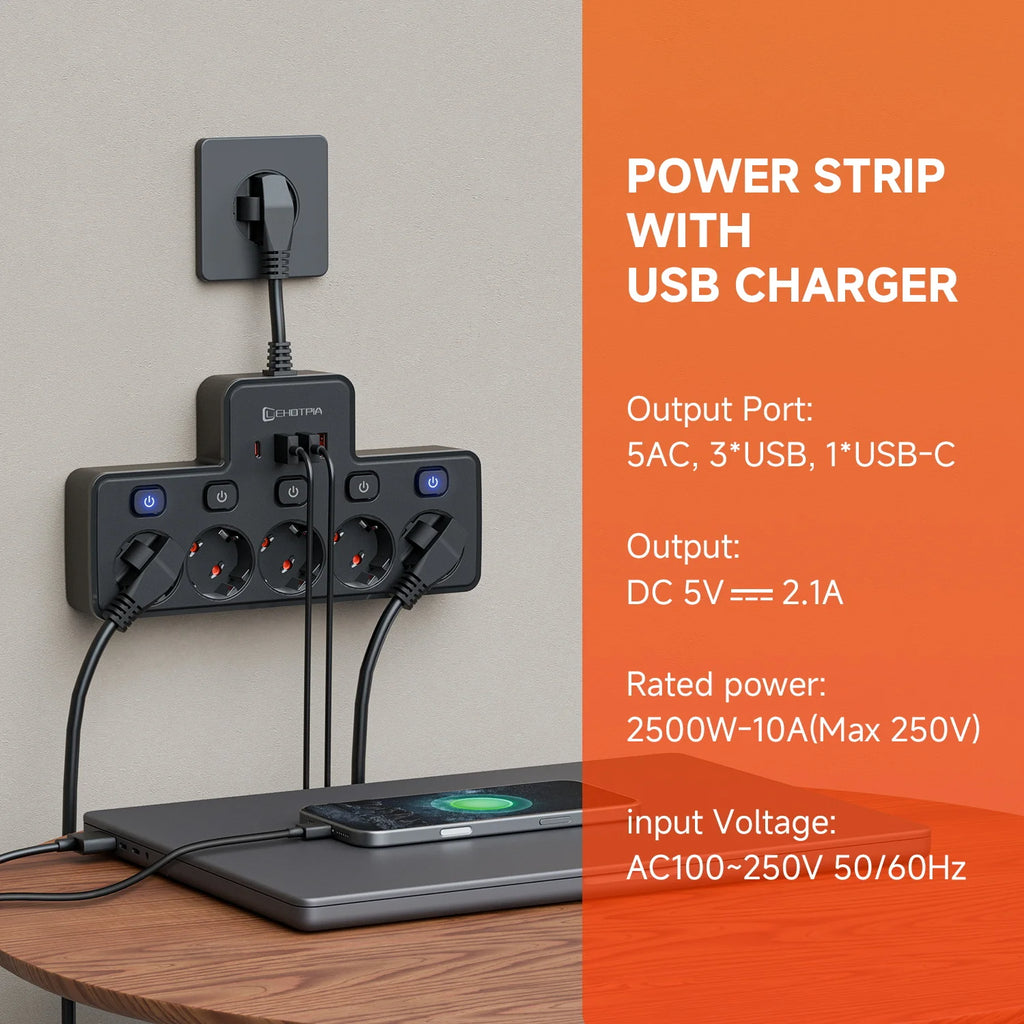 2500W EU wall-mounted power strip with independent switches and USB-C ports