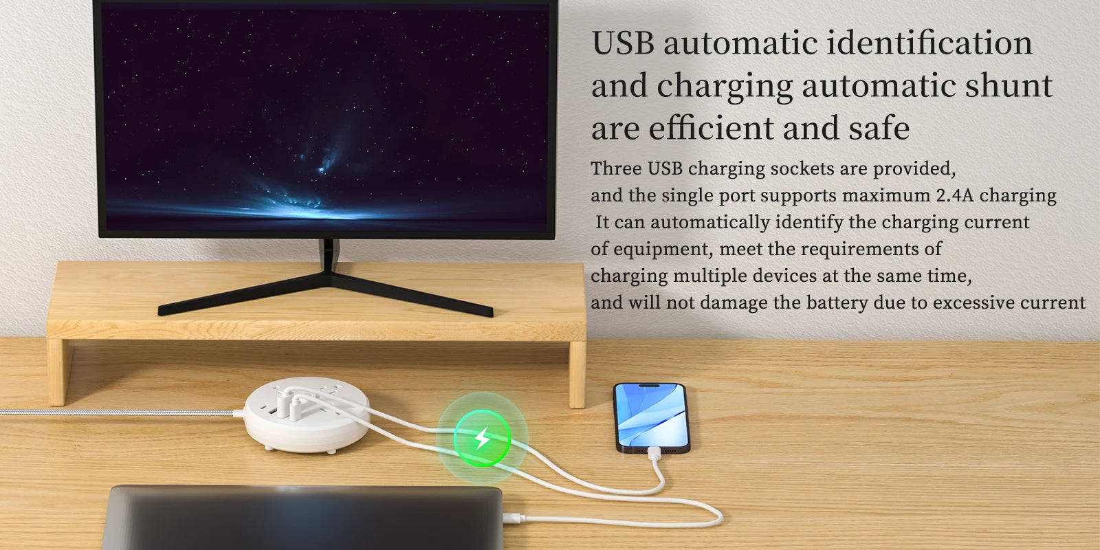 1-1 round desktop power socket with flat braided wire of 1.45m /4.75ft, 7-in-1 multifunctional design, including anti-surge and an
