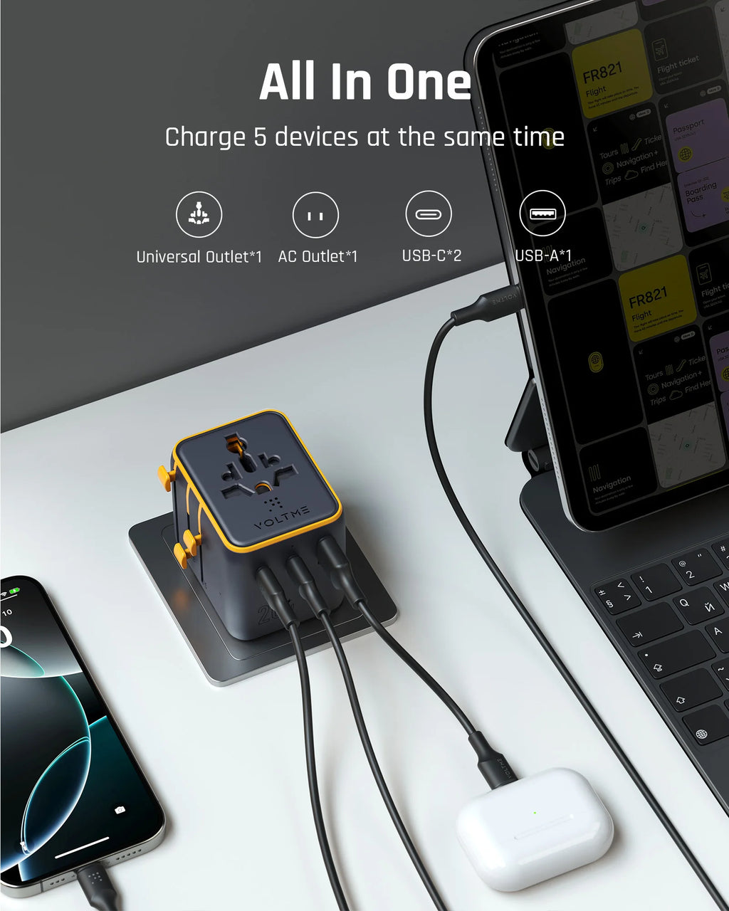 4-VOLTME 20W Travel Adapter Worldwide Power Adapter EU/UK/US/AUS Plug Travel Charging with Built in USB C for iPhone Samsung