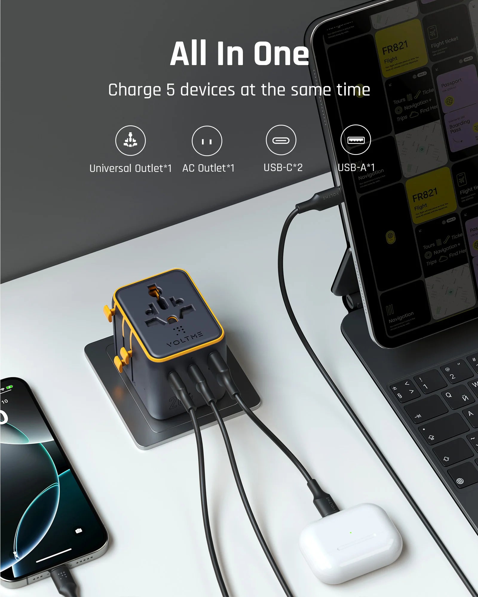 4-VOLTME 20W Travel Adapter Worldwide Power Adapter EU/UK/US/AUS Plug Travel Charging with Built in USB C for iPhone Samsung