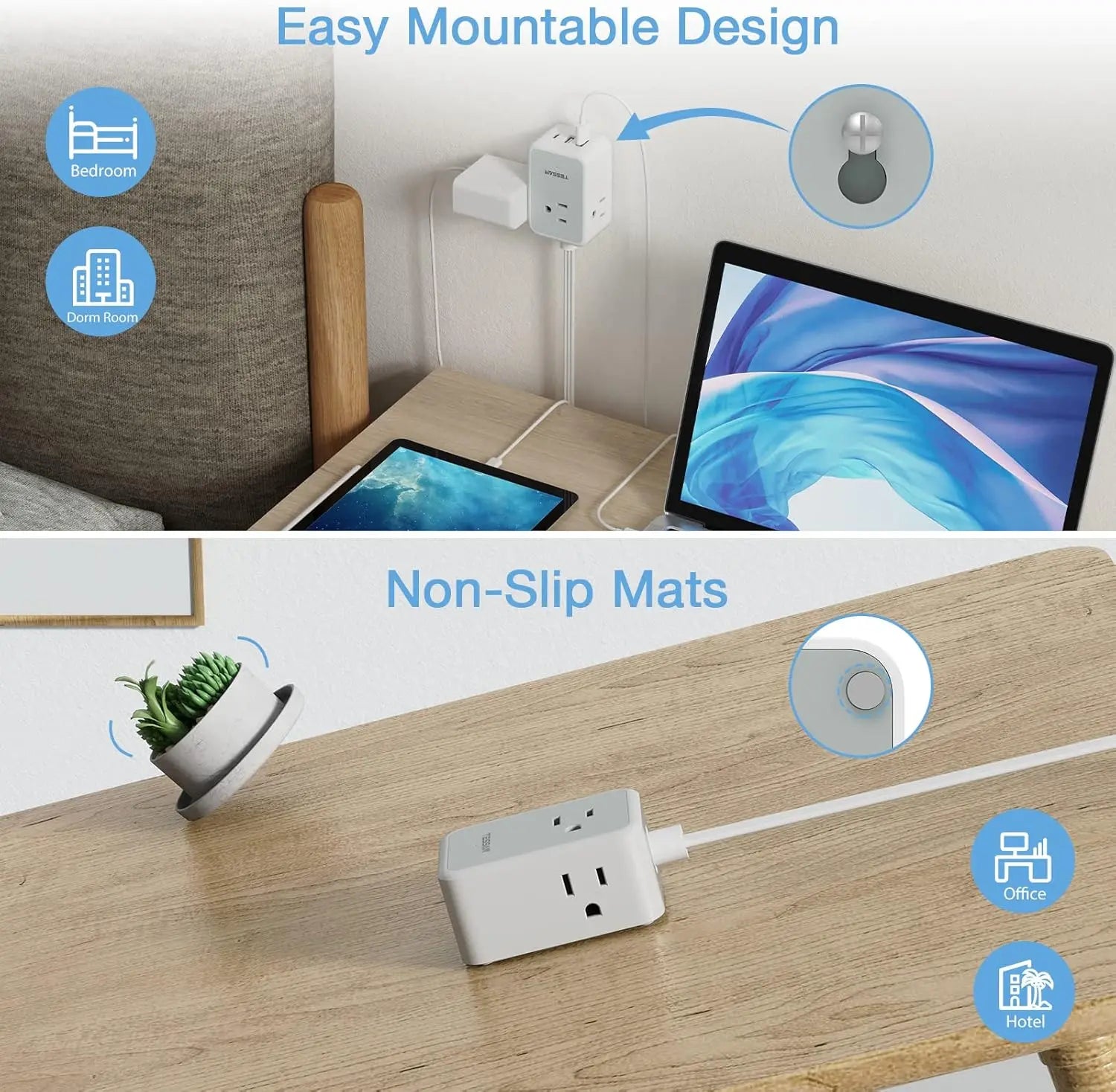 1-TESSAN Ultra Thin Extension Cord Power Strip with 3 USB 3 AC Adapter Mini Charging Station for Cruise Travel Office School Home