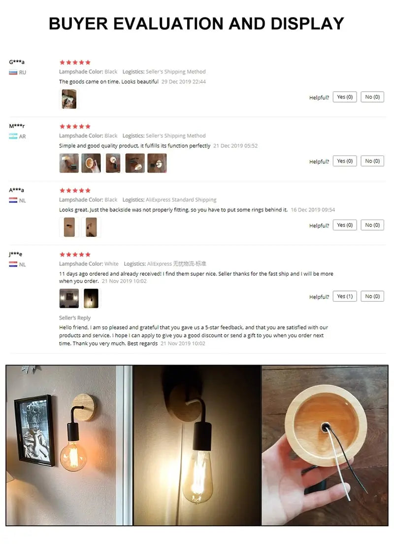 Retro Wood Wall Lamp E27 (Industrial Loft, 85–265 V)