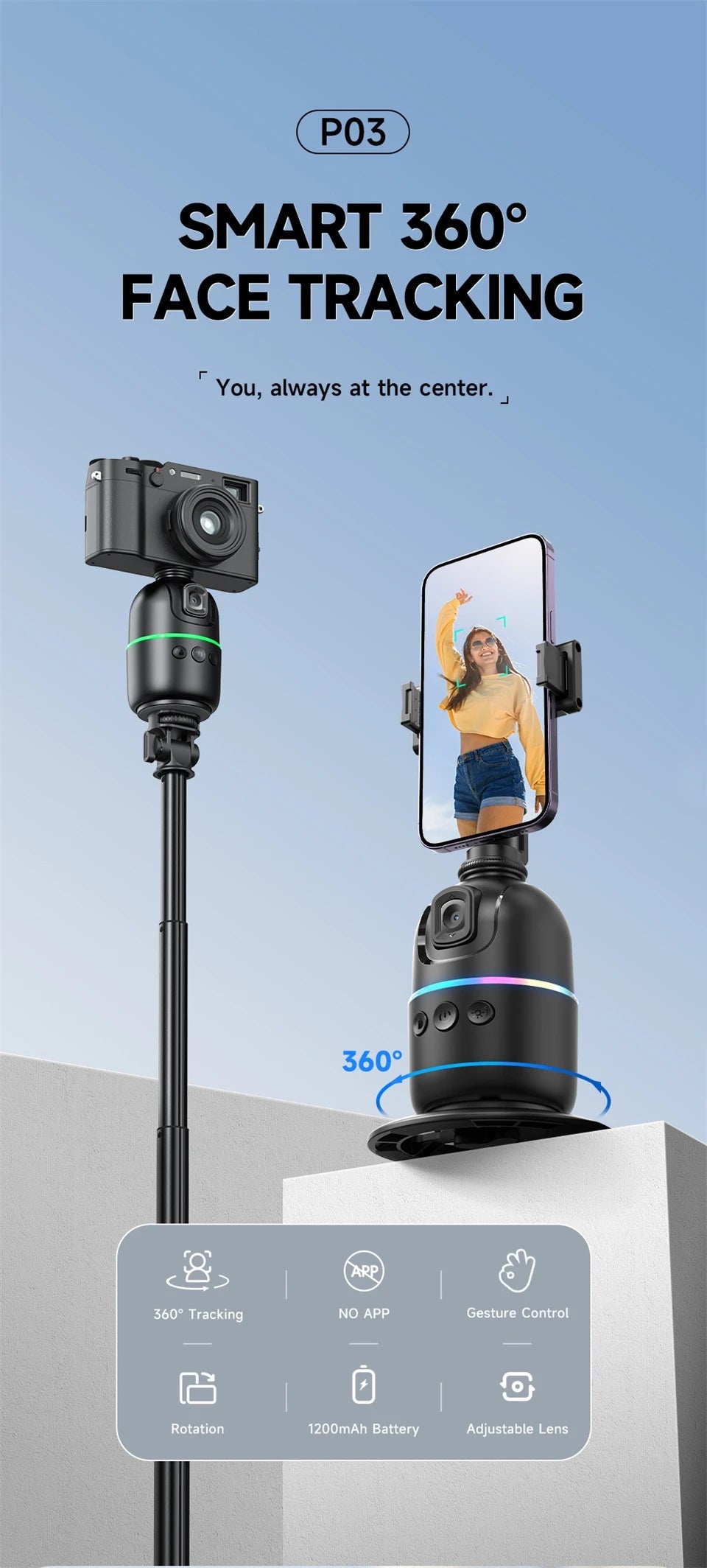 FGCLSY P03 Gimbal Stabilizer for Mobile Phone AI 360 Follow Selfie Stand Face Tracking Desktop Gimbal for Cellphone and Cameras