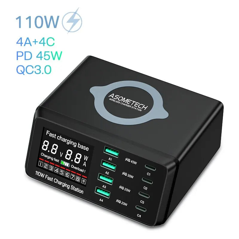 4-ASOMETECH 110W USB Type C Charger Wireless Charing Multi Ports Fast Phone Charger PD QC3.0 Quick Charge For iPhone 14 13 Xiaomi