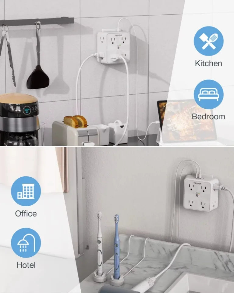 1-TESSAN Surge Protector Wall Strip with 8 AC Outlets 2 USB A and 1 USB C Surge Protector Multi Outlet Extender for Home Office