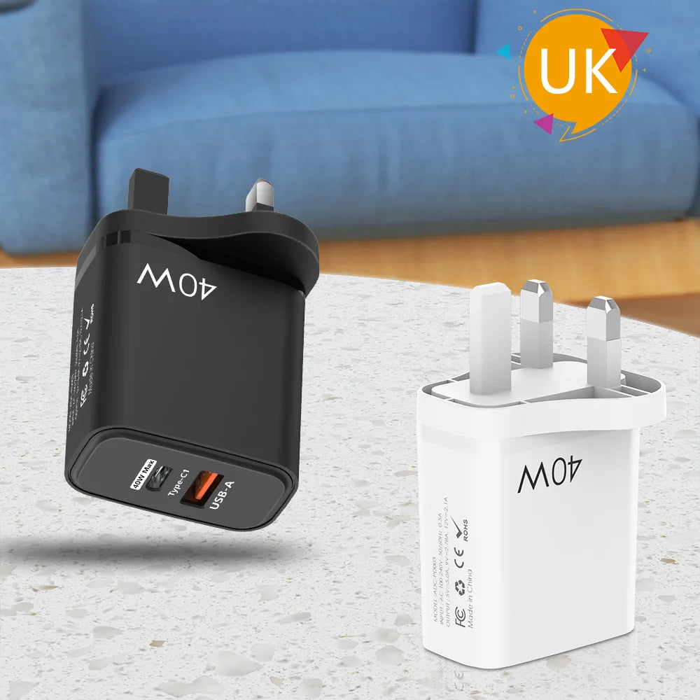 Total 40W 1 USB Charger 1 Type C PD Fast Charge For iPhone 12 13 Max Samsung S21 Huawei Xiaomi Mobile Phone EU/US/UK Plug Wall C