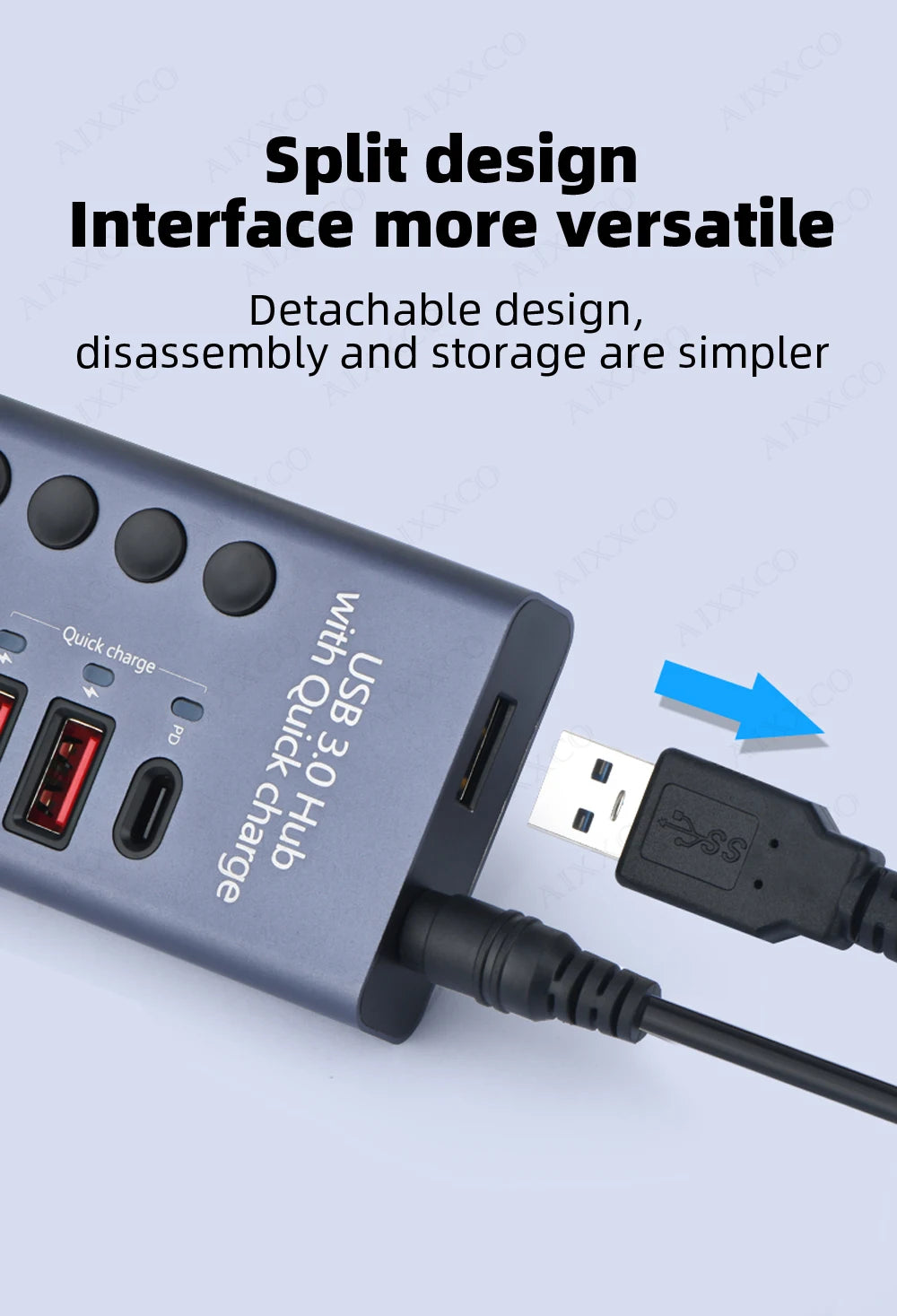 4-AIXXCO 10 Ports USB3.0 Splitter Computer Extender USB HUB 2.4A Fast Charging PD Port External 12V Power Supply