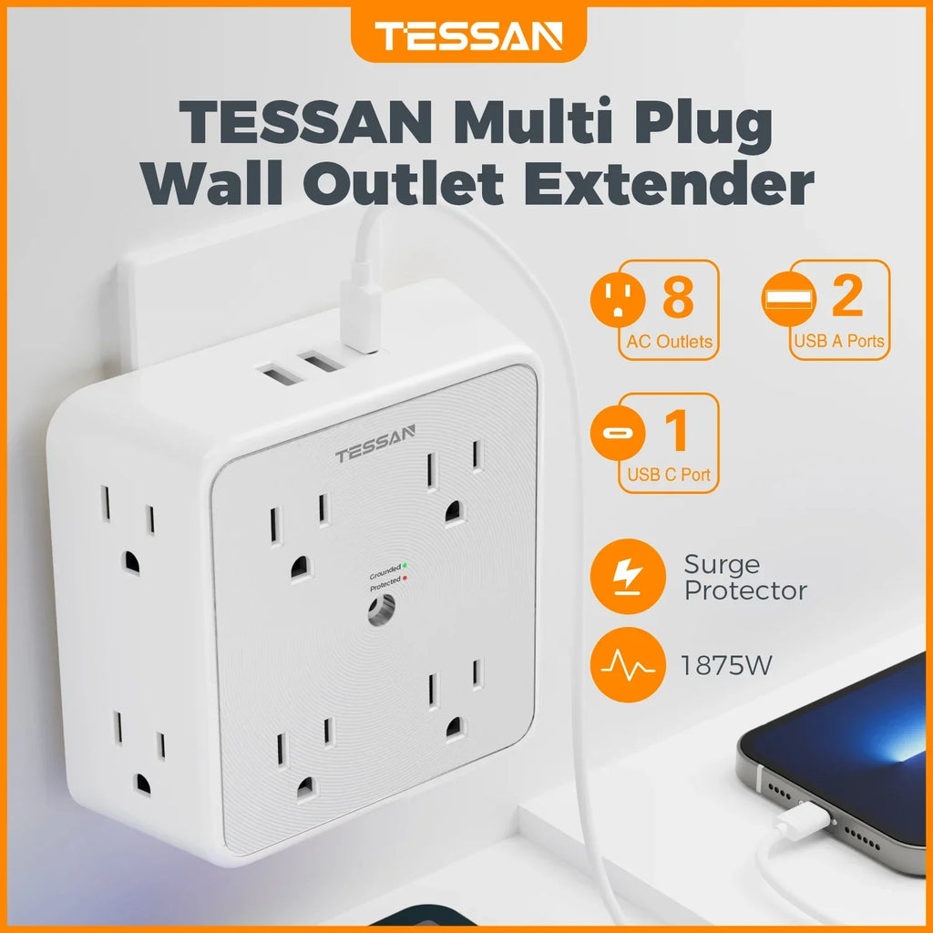 1-TESSAN Surge Protector Wall Strip with 8 AC Outlets 2 USB A and 1 USB C Surge Protector Multi Outlet Extender for Home Office