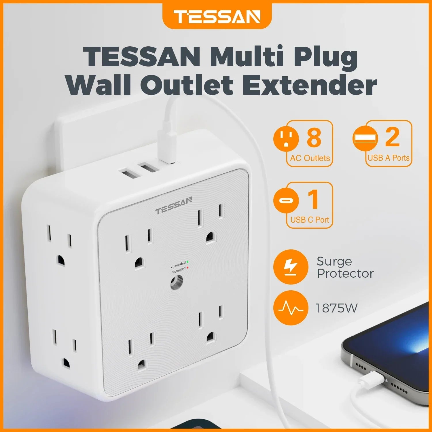 1-TESSAN Surge Protector Wall Strip with 8 AC Outlets 2 USB A and 1 USB C Surge Protector Multi Outlet Extender for Home Office