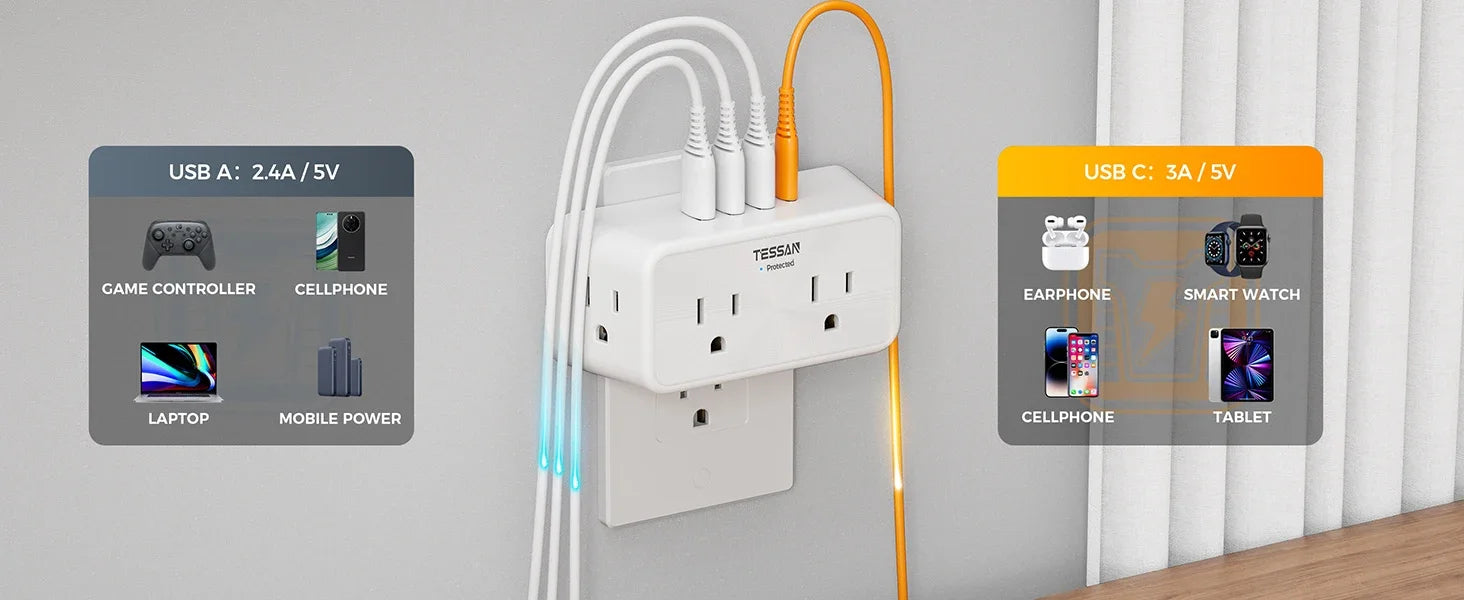 TESSAN 8-in-1 multi plug outlet splitter with  AC outlets and  USB ports, white