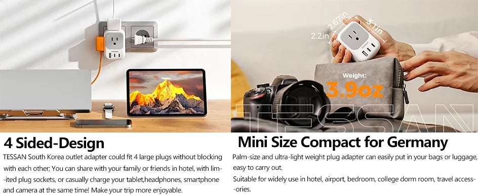 TESSAN US To EU Travel Adapter with 4 AC Outlets 3 USB Ports 7 in 1 Type E/F Plug Adaptor for Spain French Russia Wall Socket