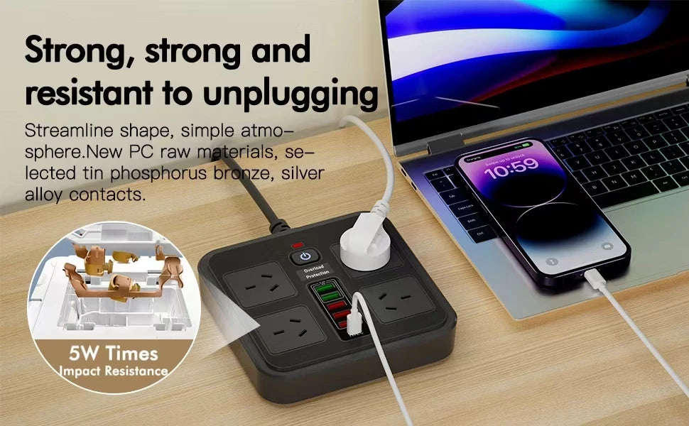 AU Plug Power Board:  AC Outlets,  USB-A,  USB-C, Overload Protection