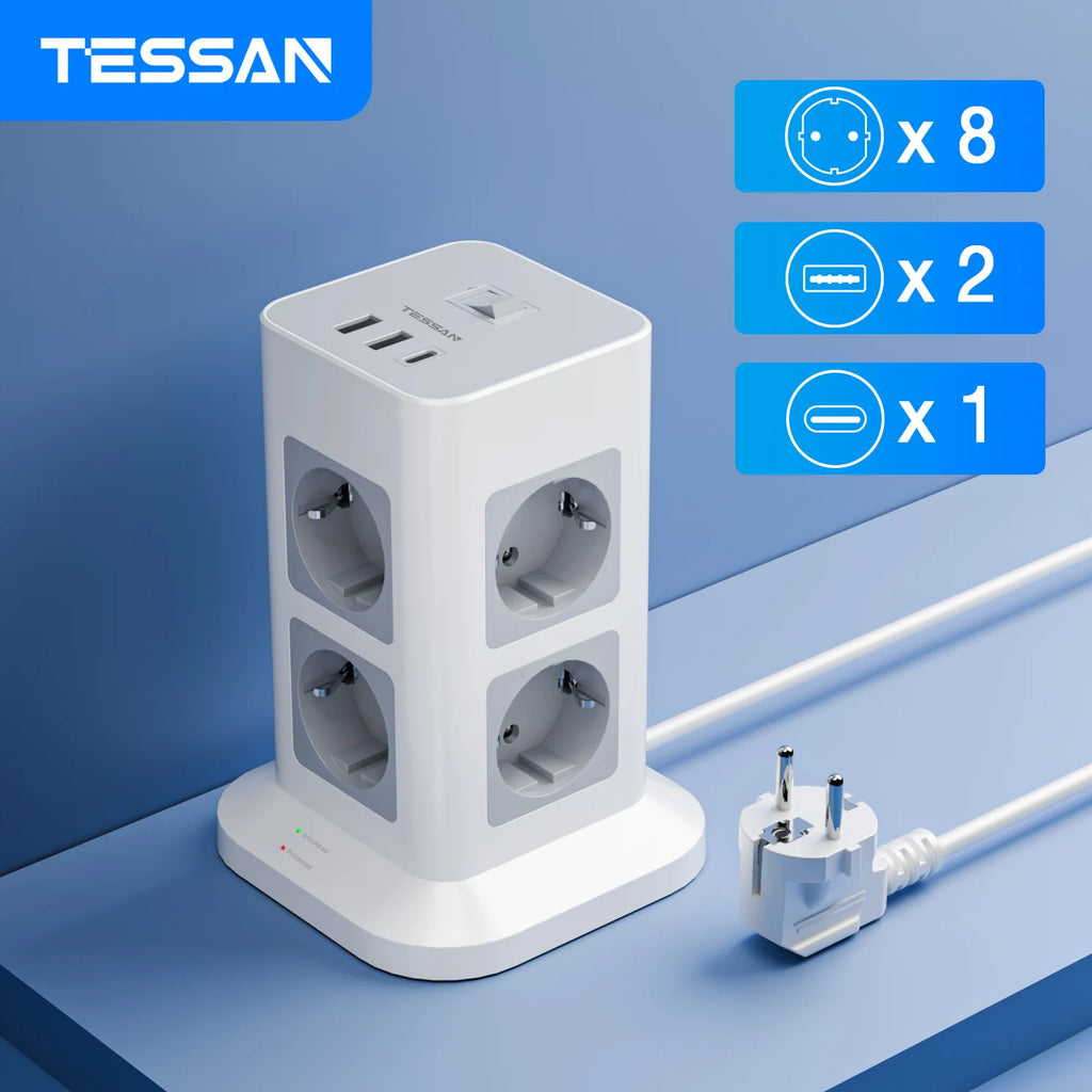 1-TESSAN Tower Power Strip Multi Outlets with 2 USB +1 Type C 2M Extension Cable EU Plug Vertical Electric Socket Surge Protection