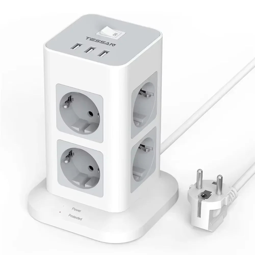 1-TESSAN Tower Power Strip Multi Outlets with USB A +1 Type C 2M Extension Cable EU Plug Vertical Electric Socket Surge Protection