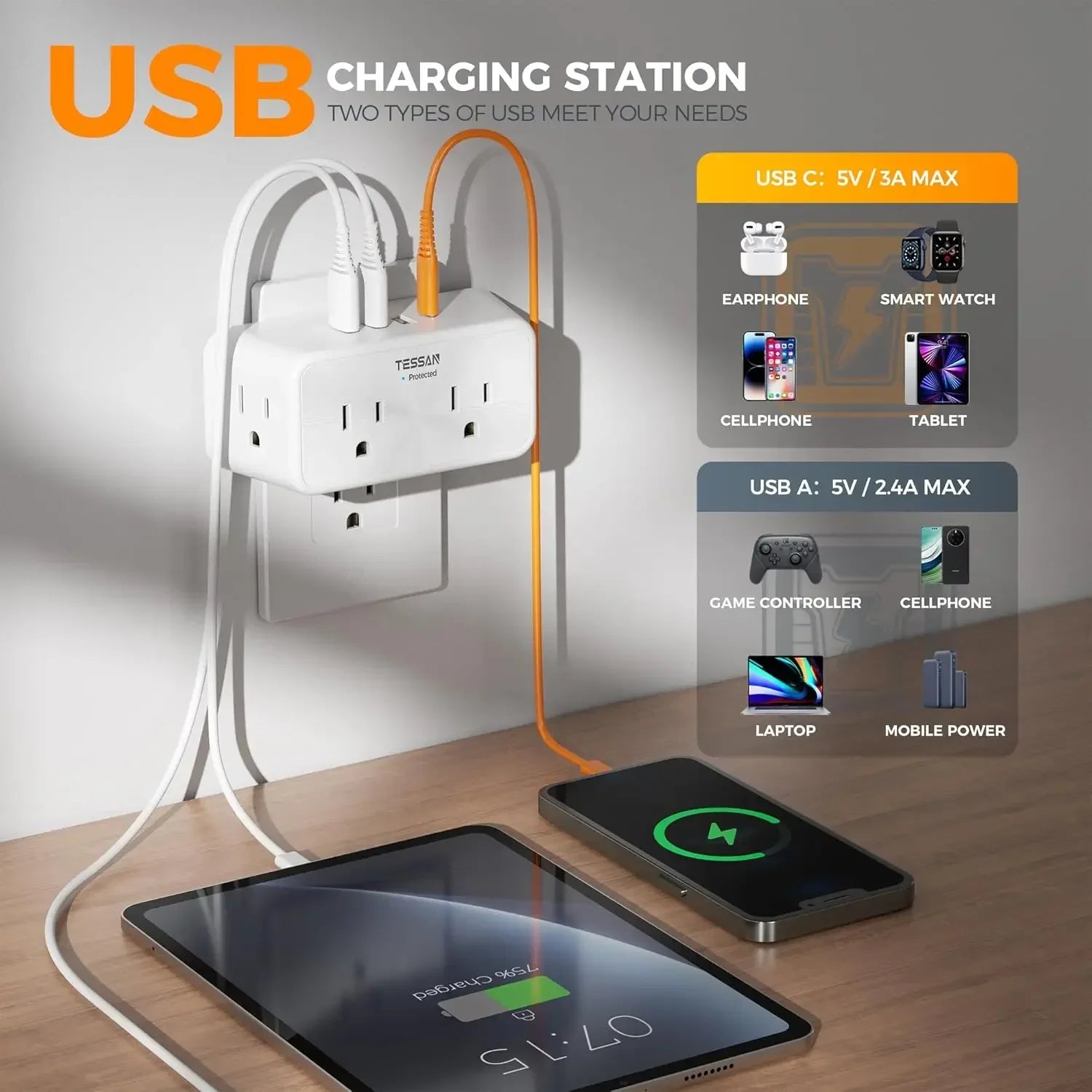 TESSAN 8-in-1 multi plug outlet splitter with  AC outlets and  USB ports, white