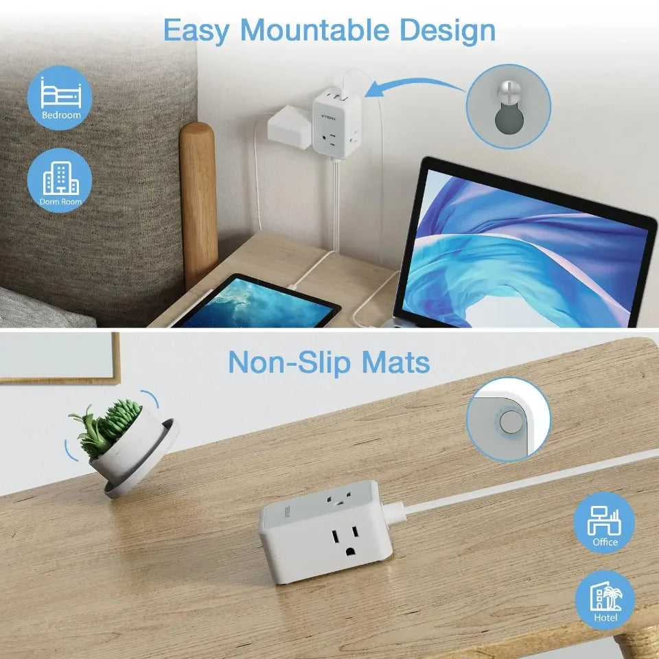 1-TESSAN Ultra Thin Extension Cord Power Strip with 3 USB 3 AC Adapter Mini Charging Station for Cruise Travel Office School Home