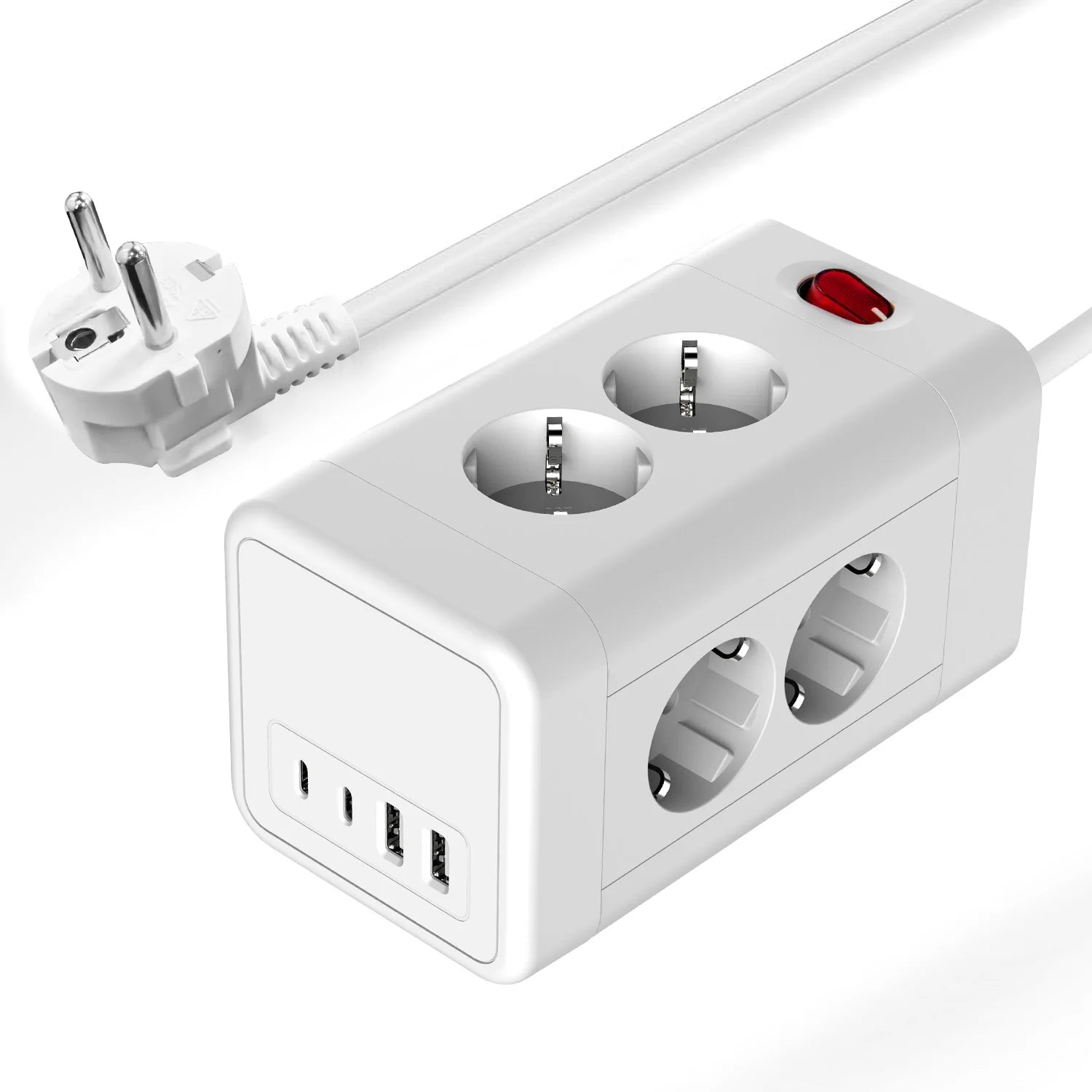3680W Tower Power Strip with USB fast charging, EU plug 8 AC Multi Outlet Surge Protection 2m Extension Cable for home