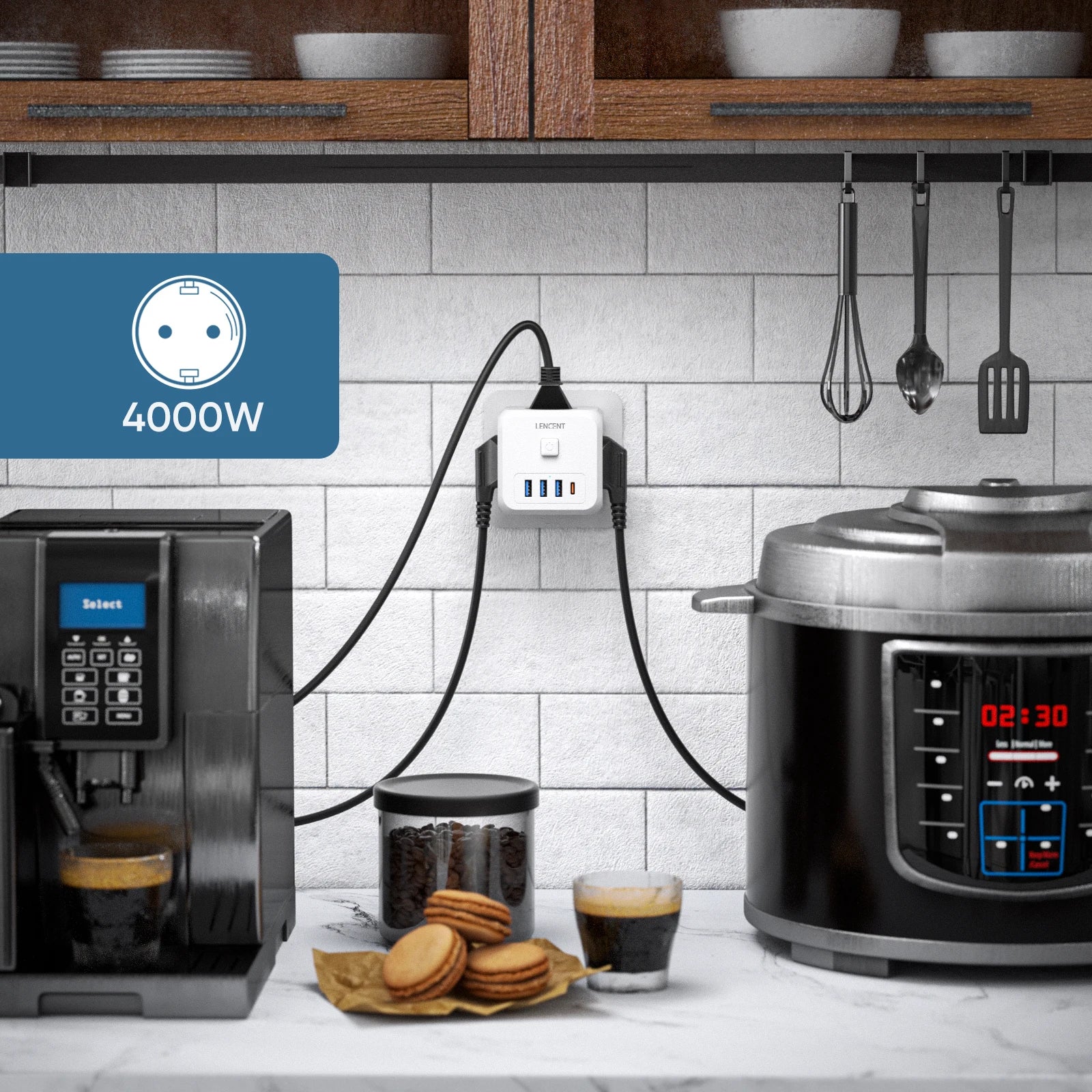 Kitchen scene with coffee maker, crockpot, and coffee on a counter with a power outlet and extension cord.
