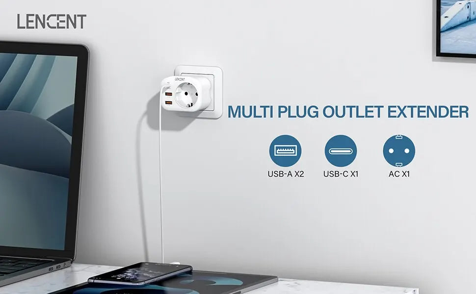 LENCENT EU Plug Wall Socket Extender with 1 AC Outlet 2 USB QC3.0 and 1 Type C PD 20W Multi Socket Fast Charger for Home Travel