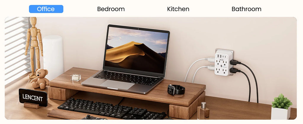 Wooden desk setup with laptop, keyboard, and accessories in a room setting.