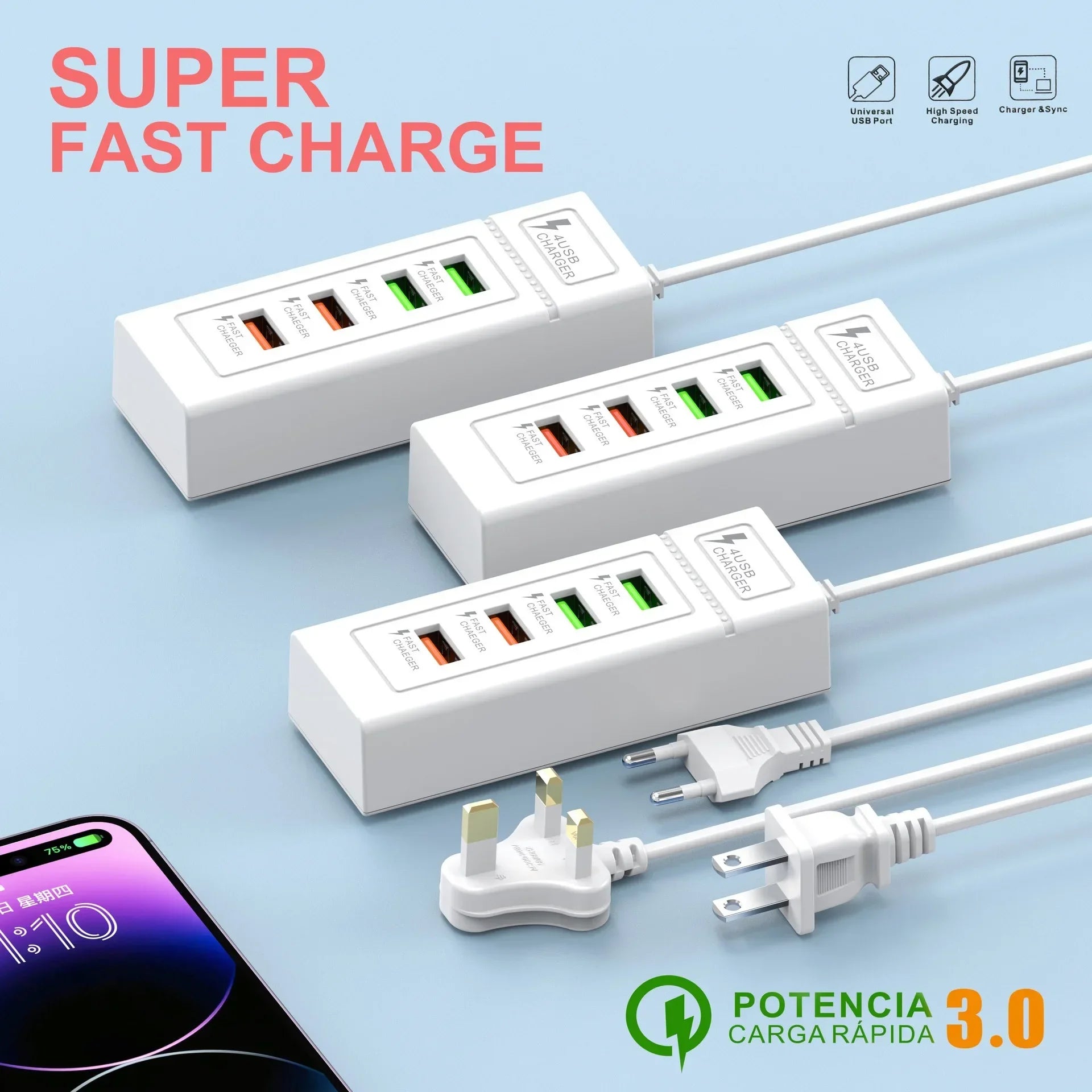 1-USB Power Strip Phone Charger Station Splitter 4 Port USB Type C Fast Charger Phone Charging Plug USB US/EU Electrical Sockets