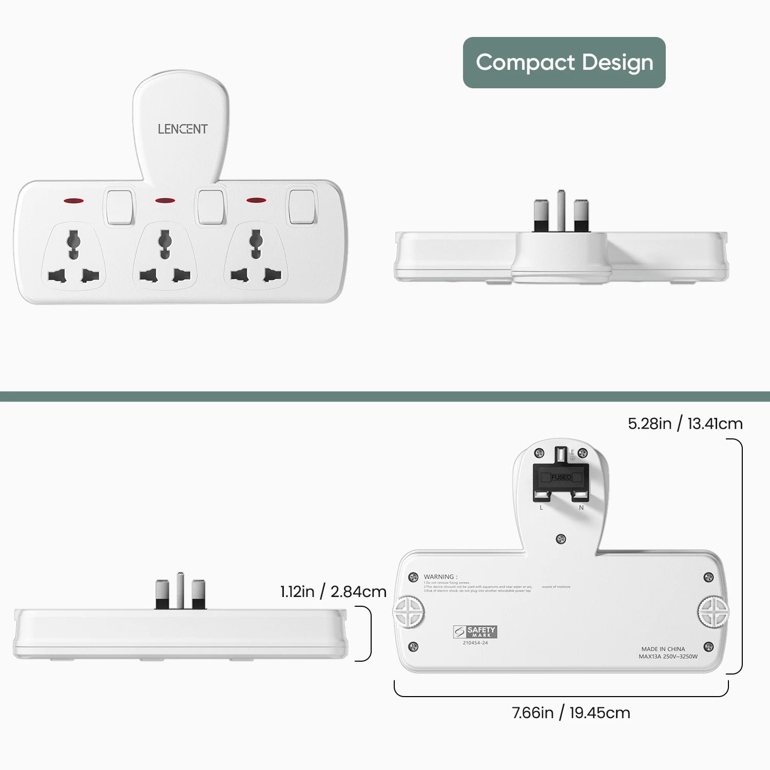 LENCENT multi plug extension socket with  universal AC outlets and individual
switches, white