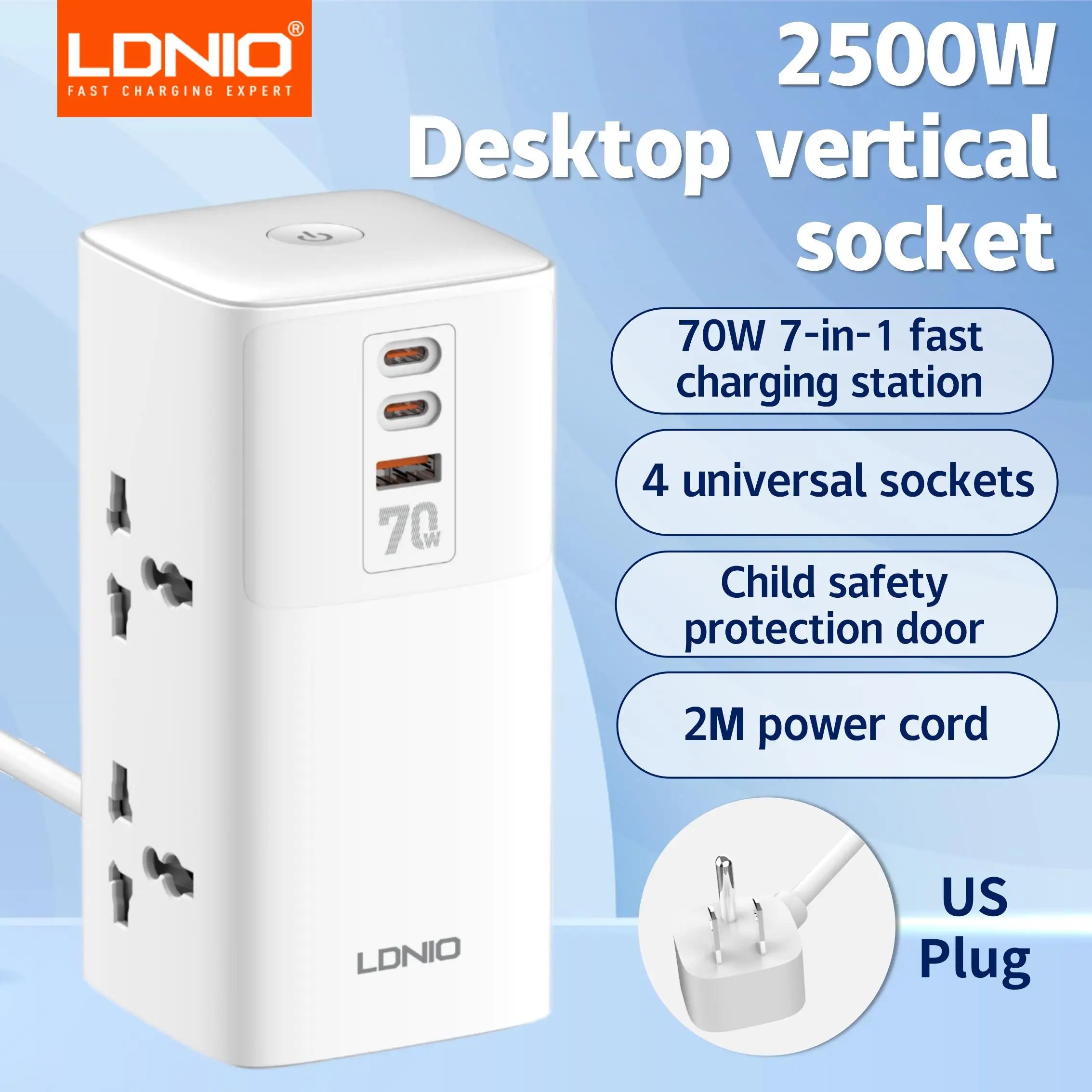 1-Tower 4 Way Outlets Socket 70W USB Multi Power Strip Vertical 2m Extension Power Cord UK EU US AU Plug with Overload Protector