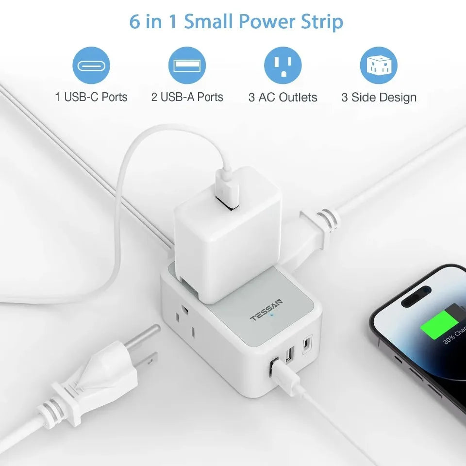 1-TESSAN Ultra Thin Extension Cord Power Strip with 3 USB 3 AC Adapter Mini Charging Station for Cruise Travel Office School Home
