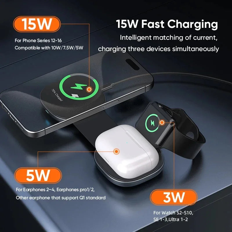 Mini Travel Charger Wireless Charging 3 in 1 Portable Foldable Fast Charger Dock for IPhone 16 15 14 AirPods Apple Watch