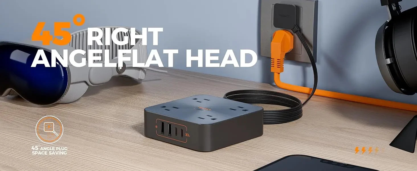 1-TESSAN Electrical Extension Flat Plug Type C Multi-Plug Strap Multi-Plug Connector with 8 AC Outlets and 3 USB Ports (1 Type C)
