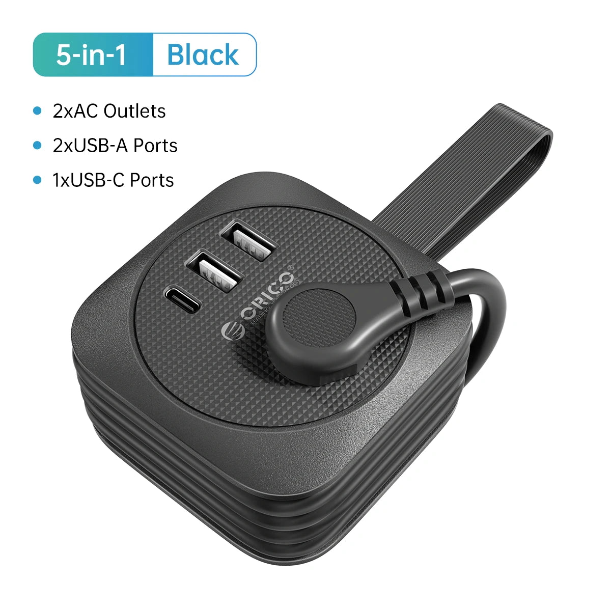 1-ORICO Power Strip 2AC multi USB Portable Socket Strip US plug Travel Extension Cord for fast charging with Type-C USB ports