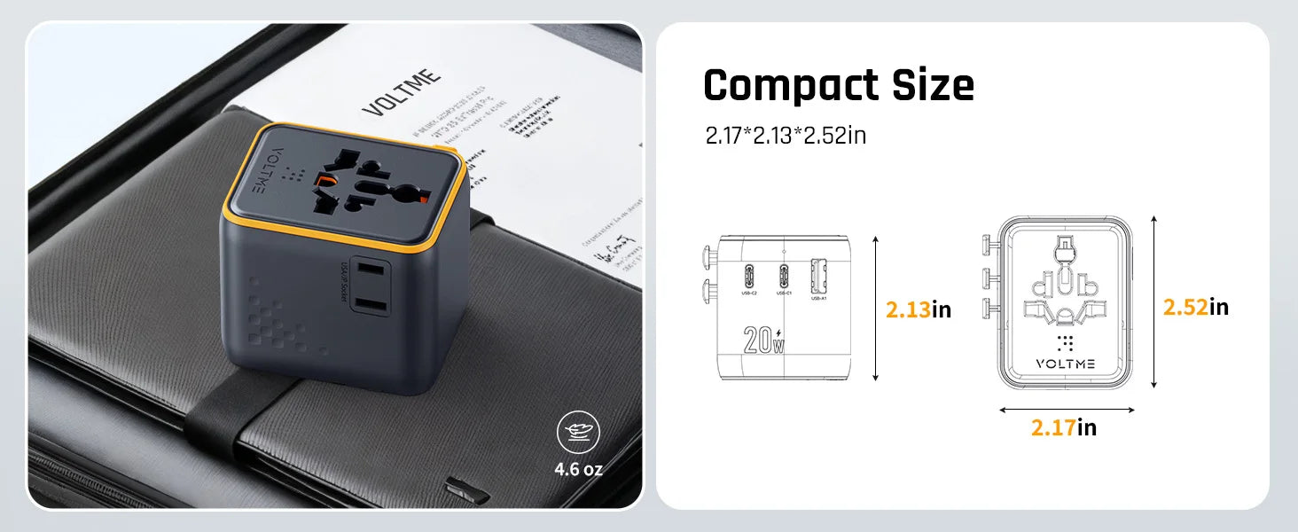 4-VOLTME 20W Travel Adapter Worldwide Power Adapter EU/UK/US/AUS Plug Travel Charging with Built in USB C for iPhone Samsung