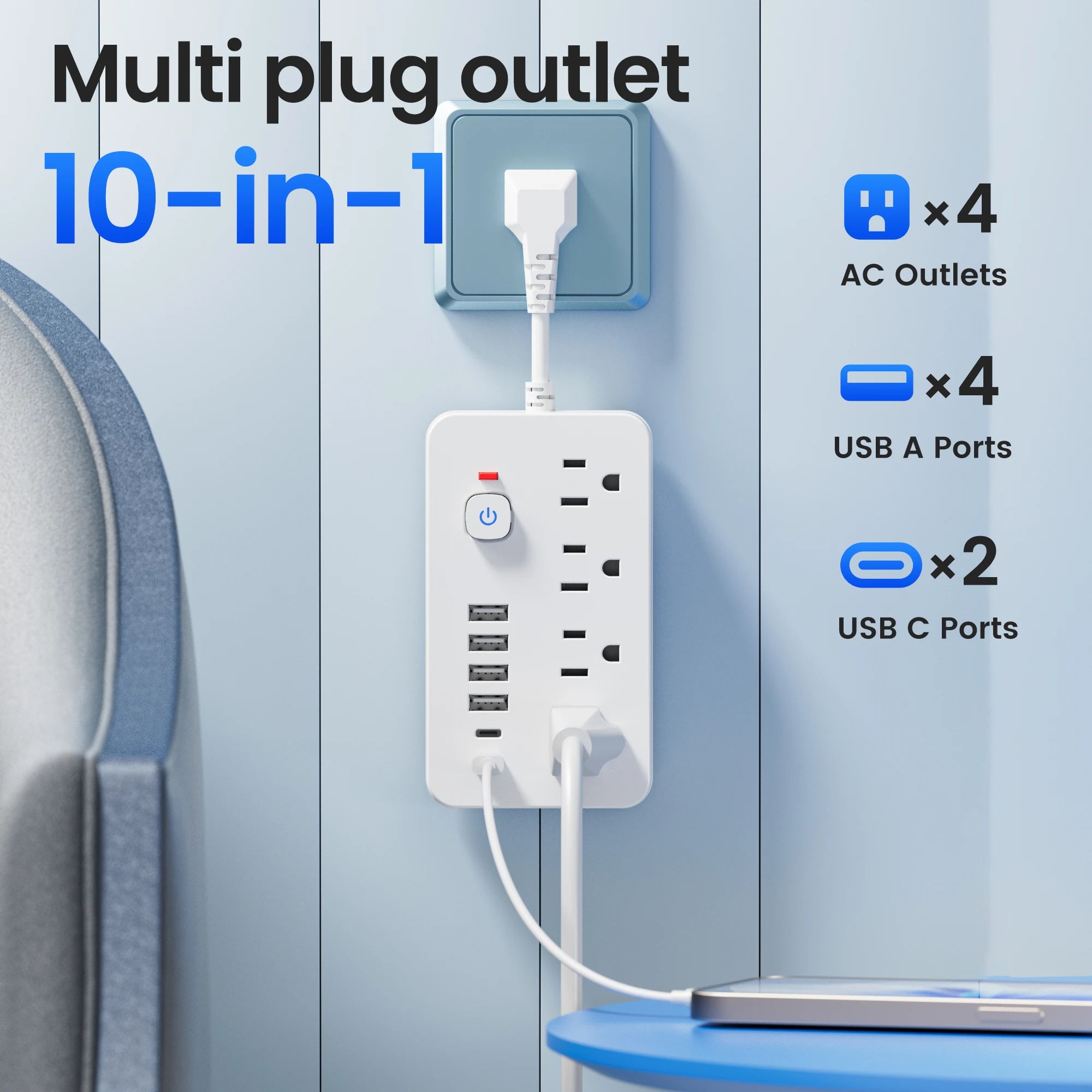 1-QKP Power Strip – 4 AC Outlets + 6 USB Ports (2 Type-C) with Surge Protection & Control Switches – Compact Corded Design