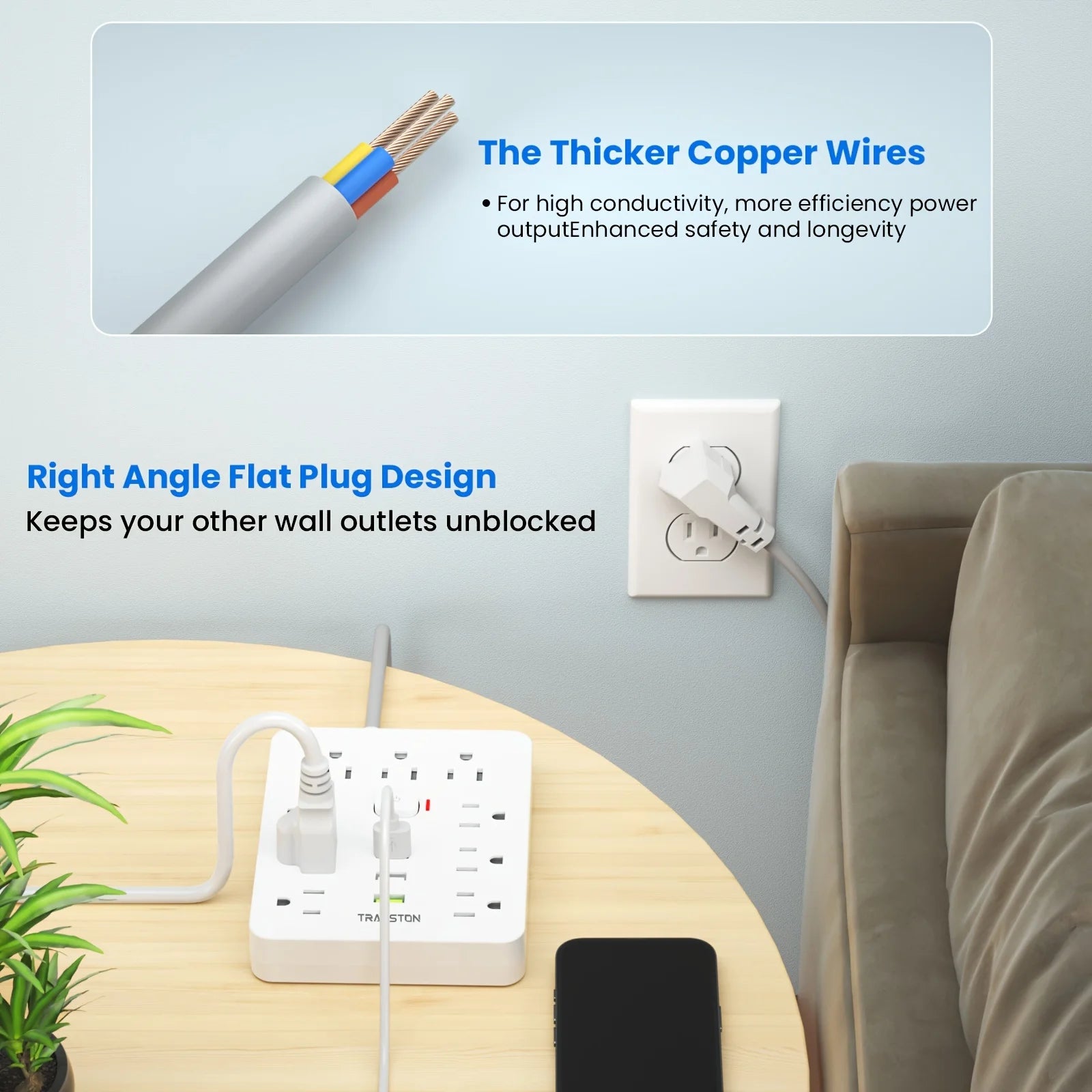 US Power Strip with AC Outlets & Fast-Charge USB-C Ports – Extension Cord (5 ft/10 ft)
