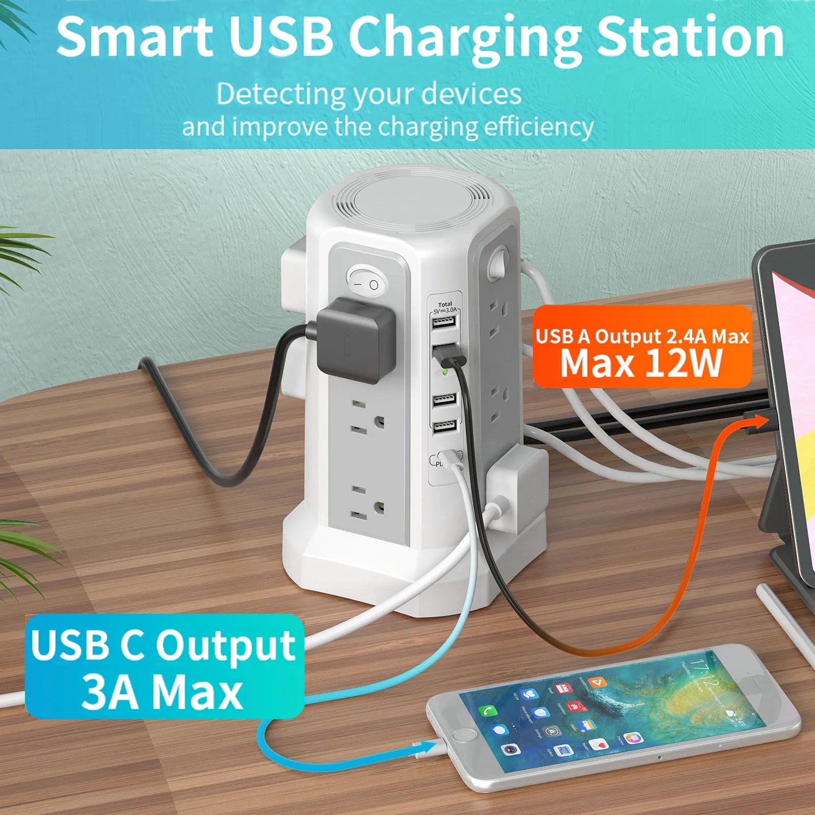 10FT Extension Cord with 12 AC Outlets 5 USB Charging Ports(1 USB C PD18W) PASSUS Surge Protector Power Strip Tower