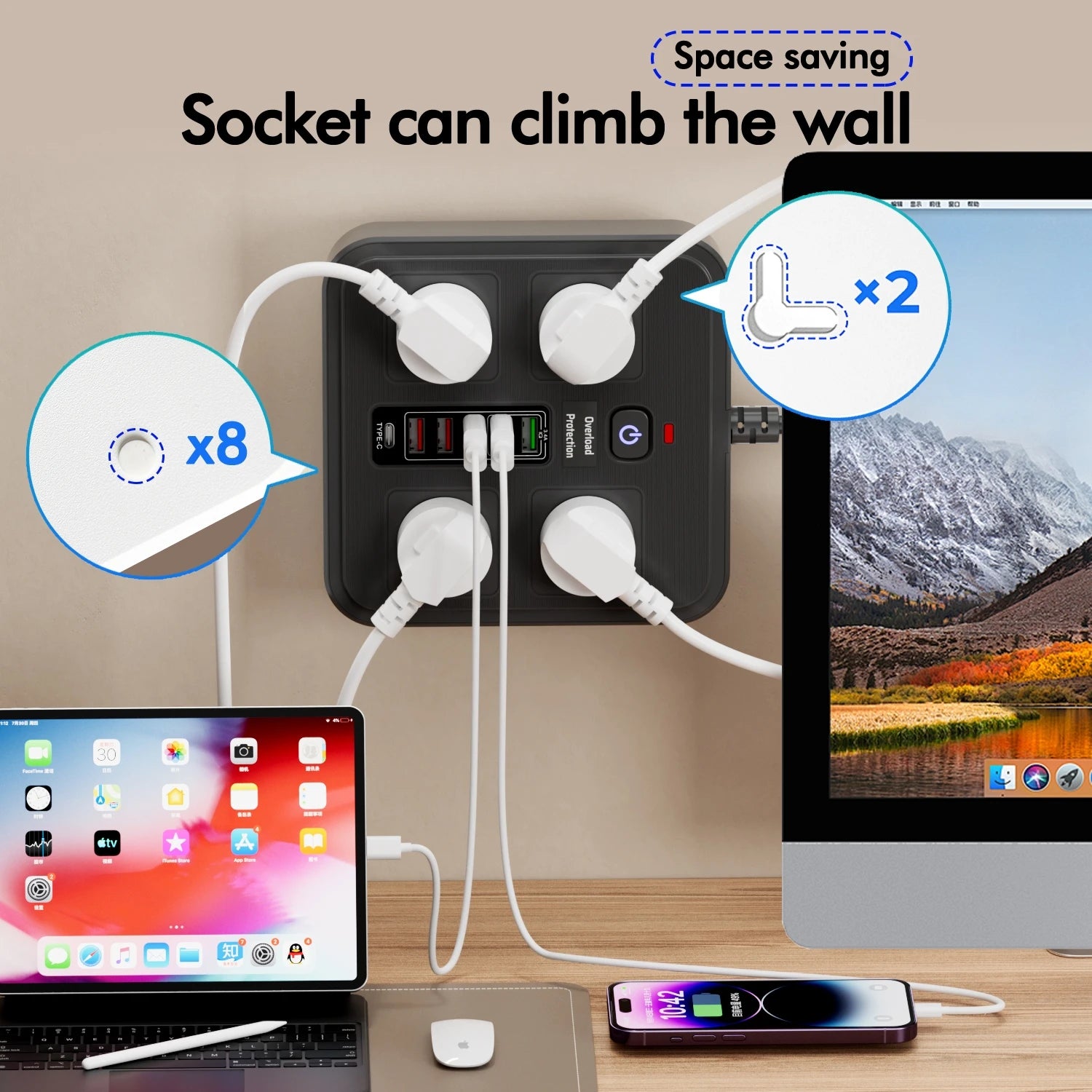 AU Plug Power Board:  AC Outlets,  USB-A,  USB-C, Overload Protection