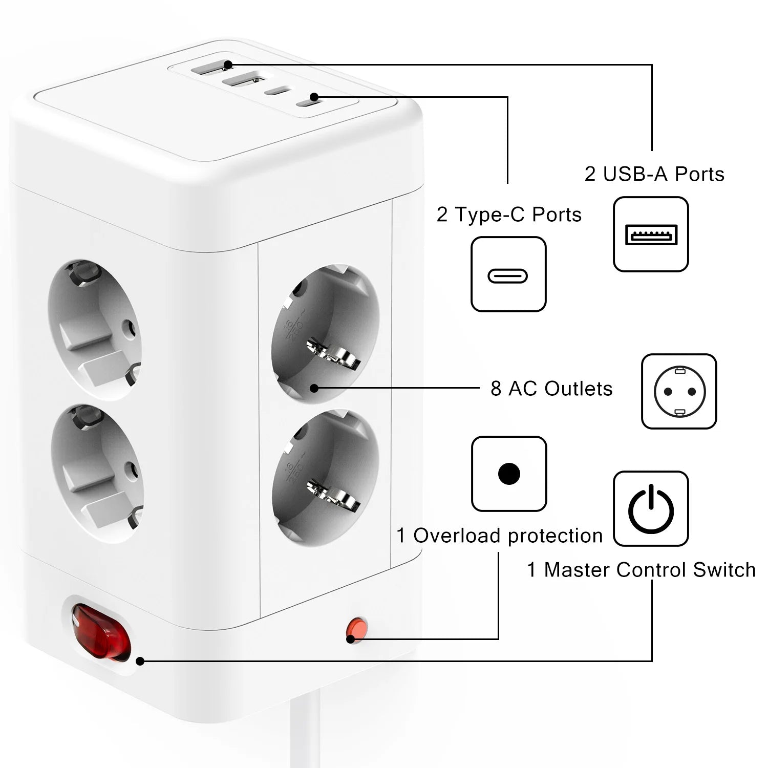 3680W Tower Power Strip with USB fast charging, EU plug 8 AC Multi Outlet Surge Protection 2m Extension Cable for home