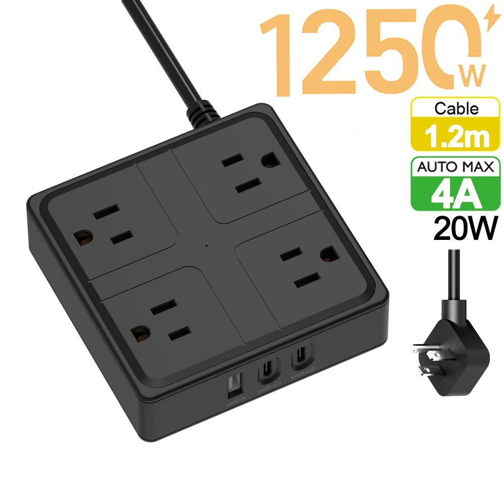 1-Smart US Power Strip with USB-C – 4 AC Outlets, 3 USB Ports, 1.2m Cord, 1250W