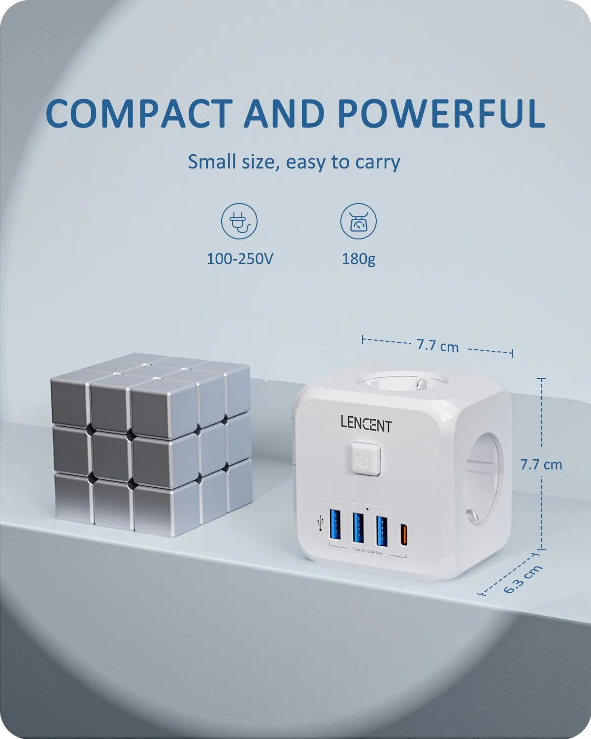 Compact power adapter with dimensions and features on a gray background